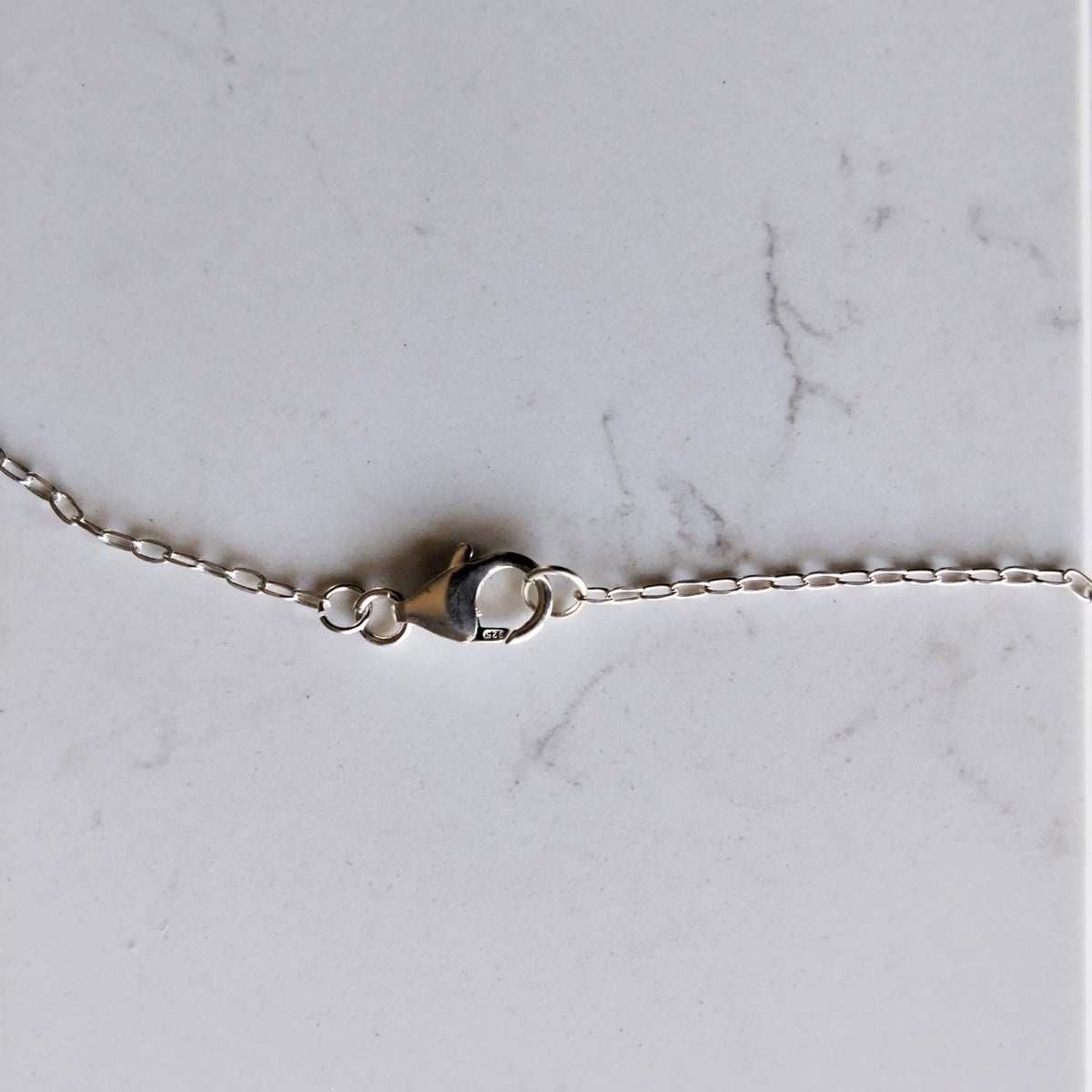 Dettaglio della chiusura a moschettone e delle maglie della catena in argento della collana Turbine Maviart.