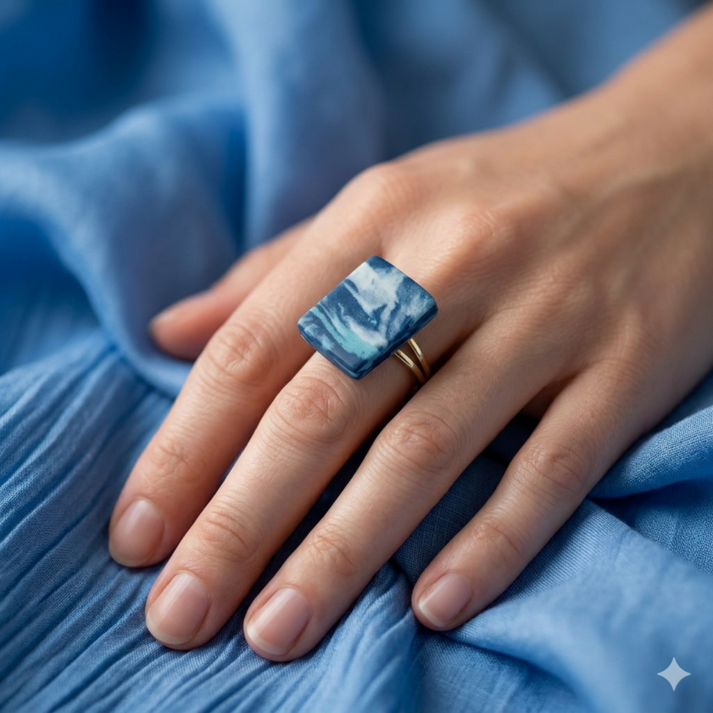 Anello a rombo fatto a mano in ceramica nerikomi – pezzo unico – Maviart