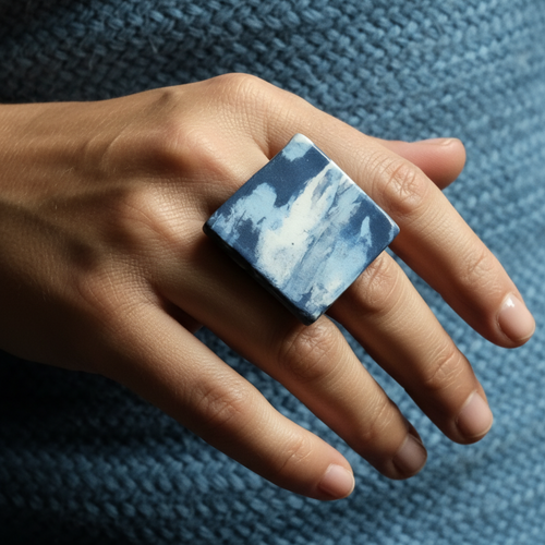 Anello quadrato in porcellana nerikomi colori del mare indossato su mano elegante – sfondo juta azzurra – Maviart